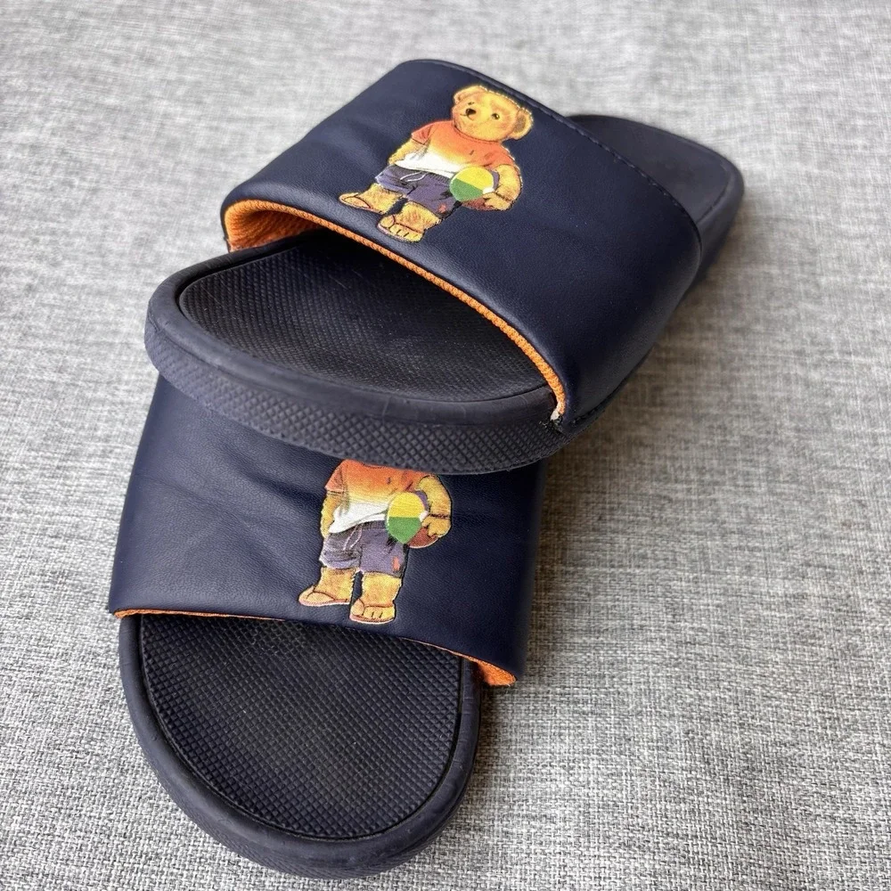 POLO Ralph Lauren Little Boy's Cayson-Bear Slides Blue Sandals Beach Sz 12